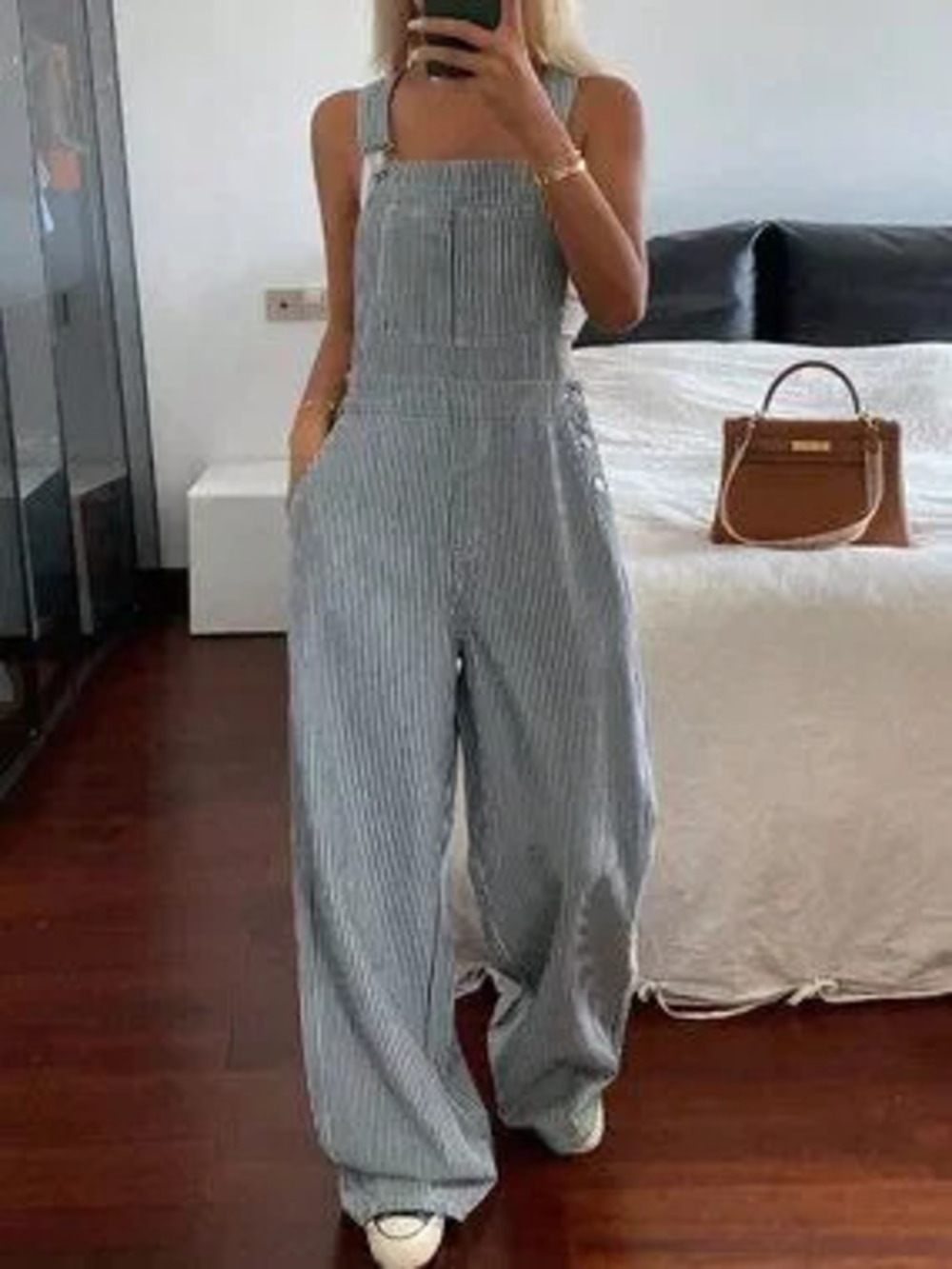 Blue Casual Women's Striped Denim Overalls